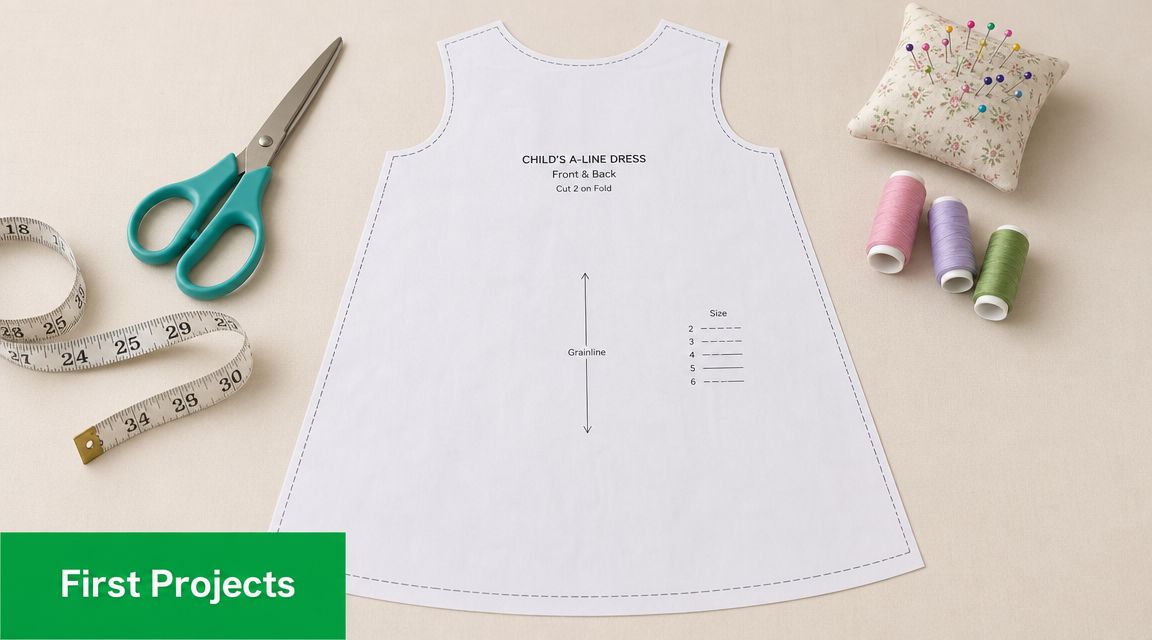 A paper pattern for a child's A-line dress, scissors, measuring tape, thread spools, and a pin cushion.