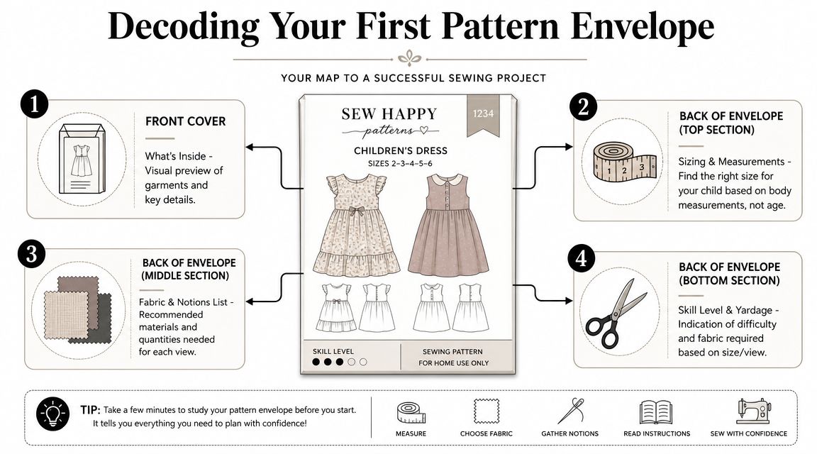An infographic titled Decoding Your First Pattern Envelope explaining how to read children's sewing pattern instructions.