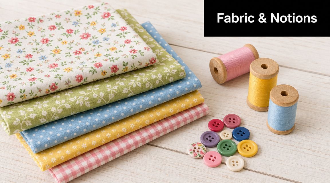 A stack of colorful patterned fabrics next to spools of thread and various sewing buttons.