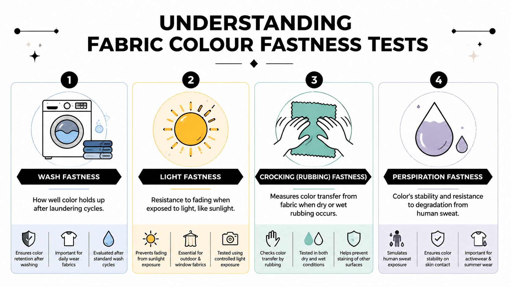 An infographic showing four common methods for testing fabric colour fastness including wash, light, crocking, and perspiration.