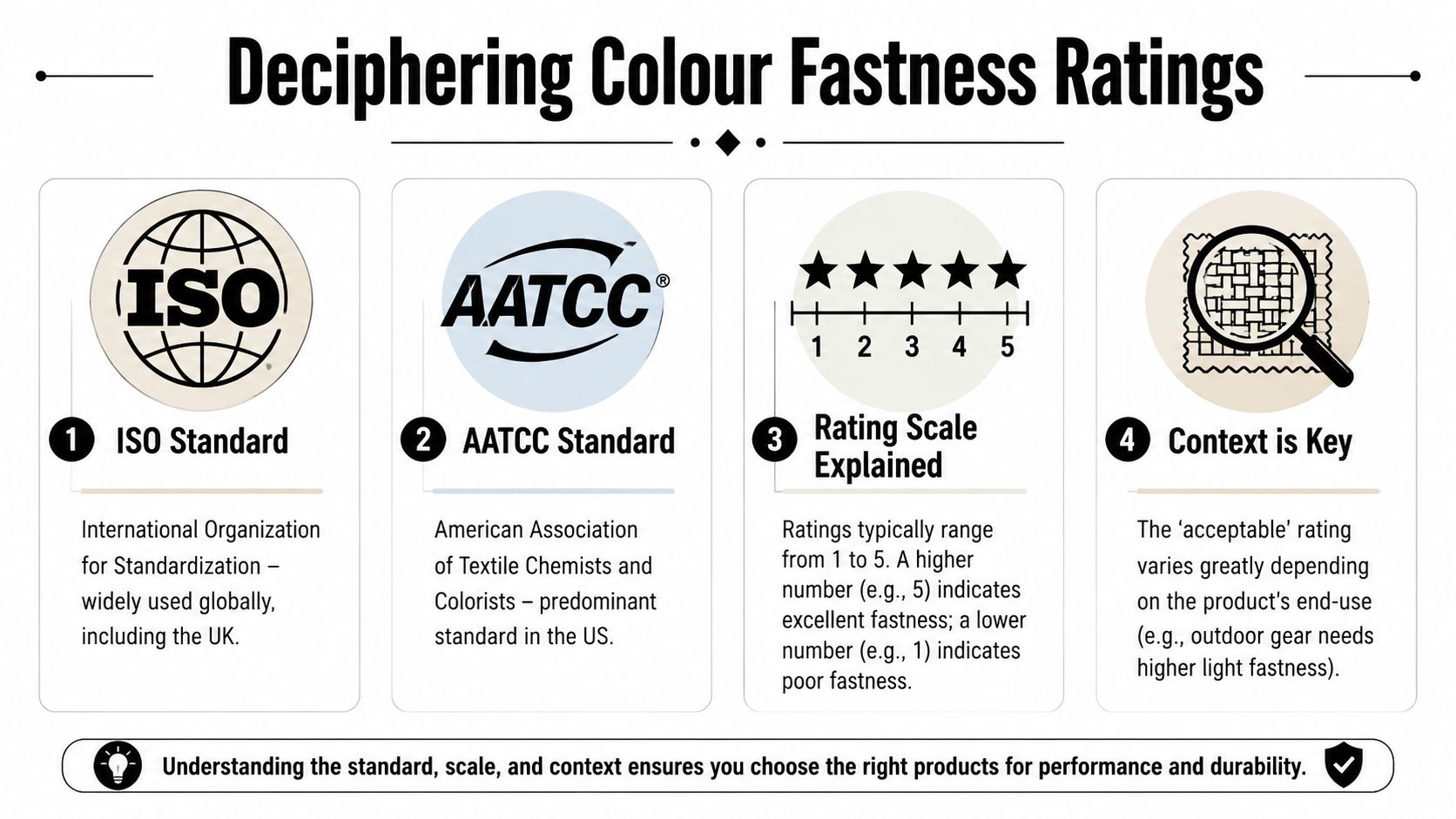 An infographic titled Deciphering Colour Fastness Ratings explaining ISO and AATCC standards, the rating scale, and usage context.