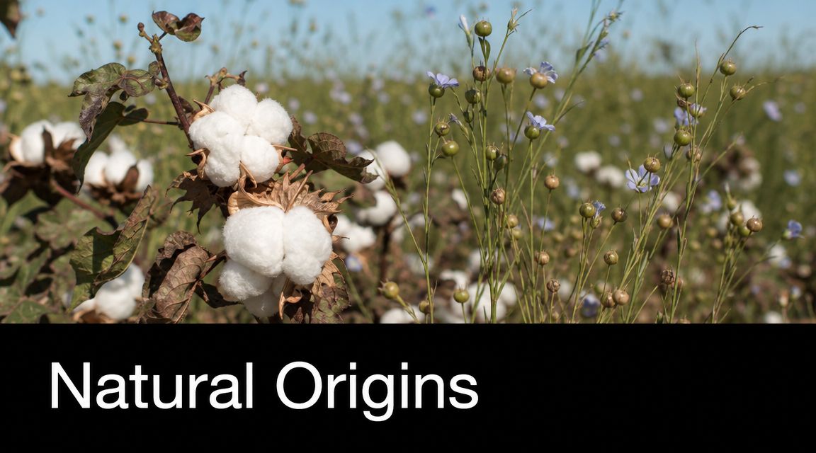 A cotton plant with white fluffy bolls next to a field of blue flax flowers.