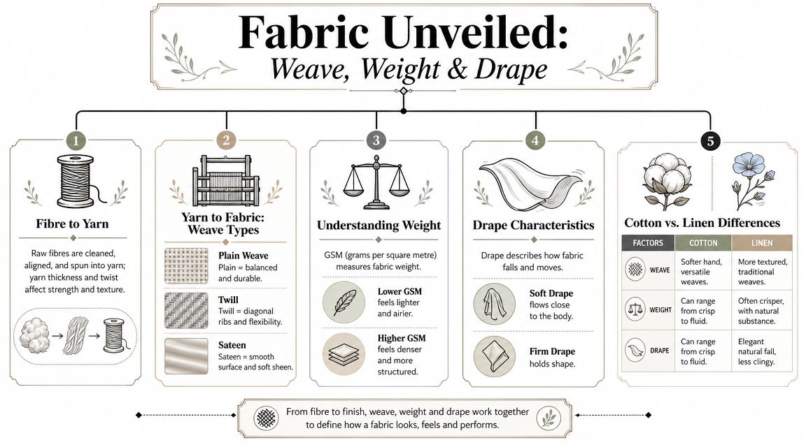 An infographic titled Fabric Unveiled explaining the relationship between weave, weight, and drape in textiles.