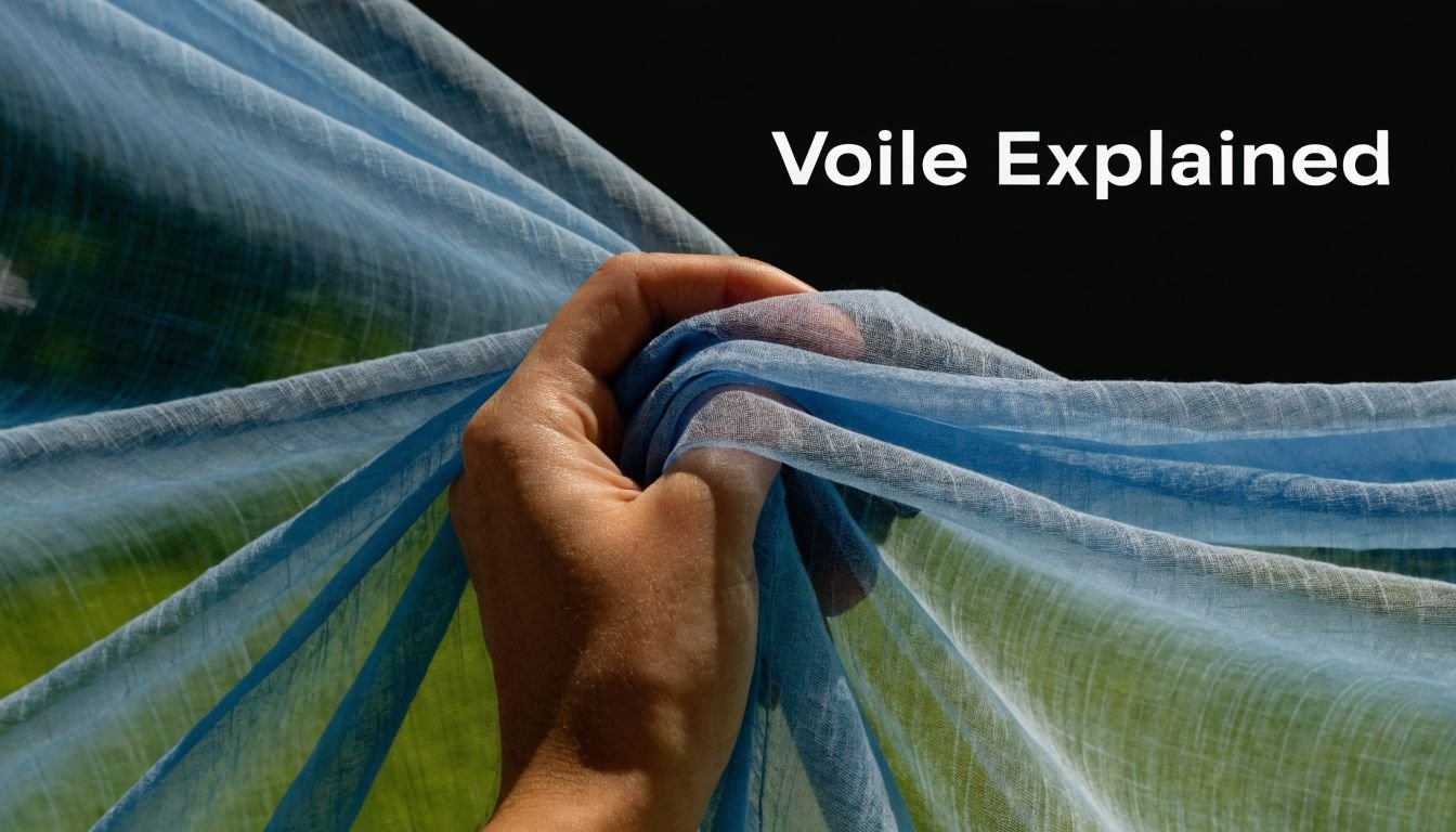 A hand holding up a piece of light blue cotton voile fabric against a dark background.