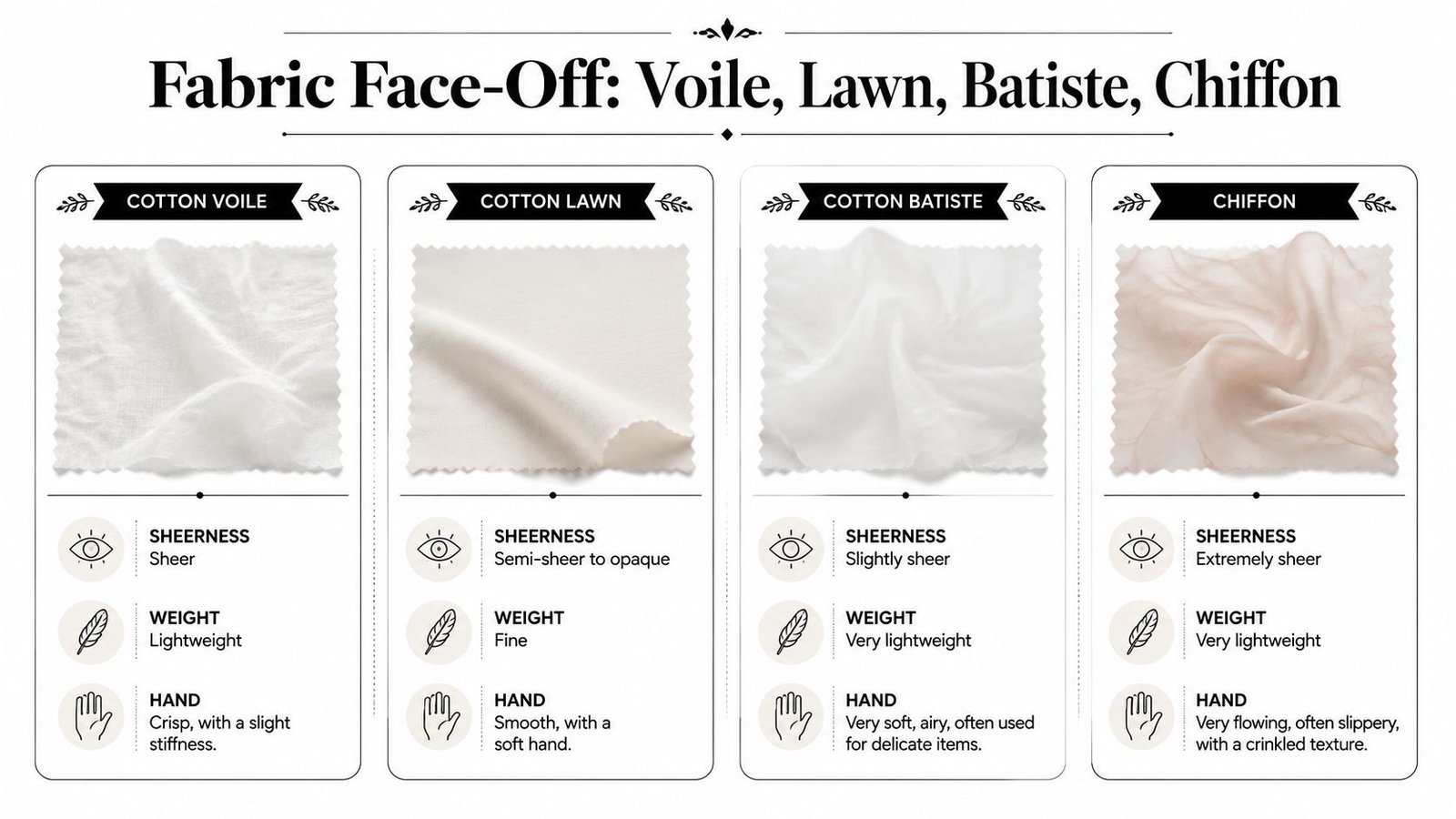 A comparison chart showing features like sheerness, weight, and hand for cotton voile, lawn, batiste, and chiffon fabrics.