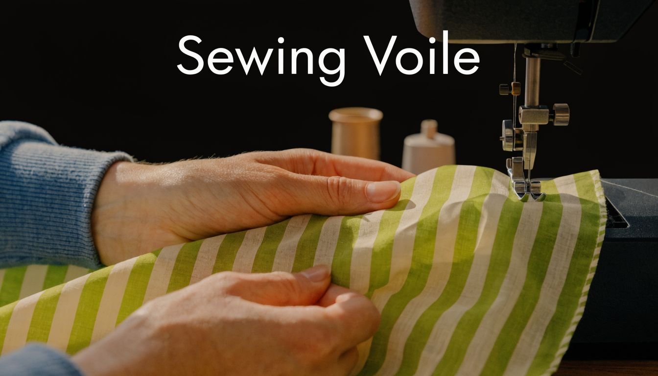 A close-up view of a person using a sewing machine to stitch light green and white striped cotton voile fabric.