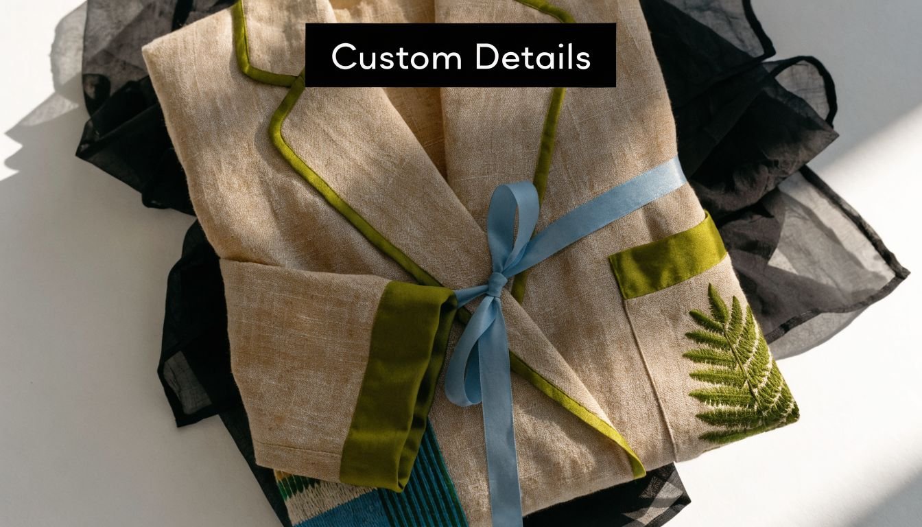 A beige linen dressing robe folded neatly with green fern embroidery and a light blue silk ribbon.