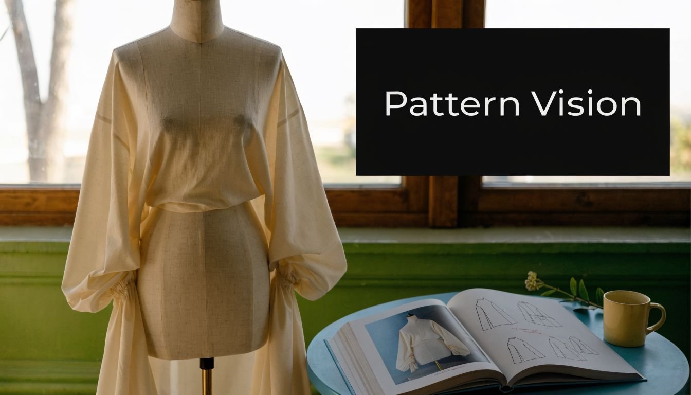 A dressmaker mannequin displaying a cream-colored garment next to a design book on a round table.