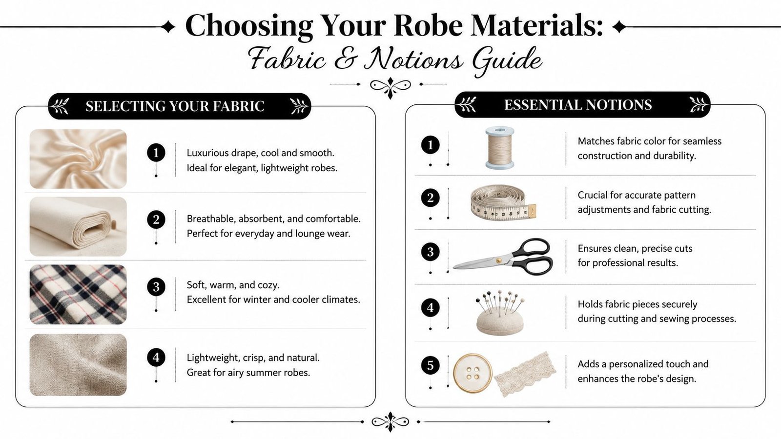 A helpful infographic guide detailing different fabric types and essential sewing notions for making custom dressing robes.