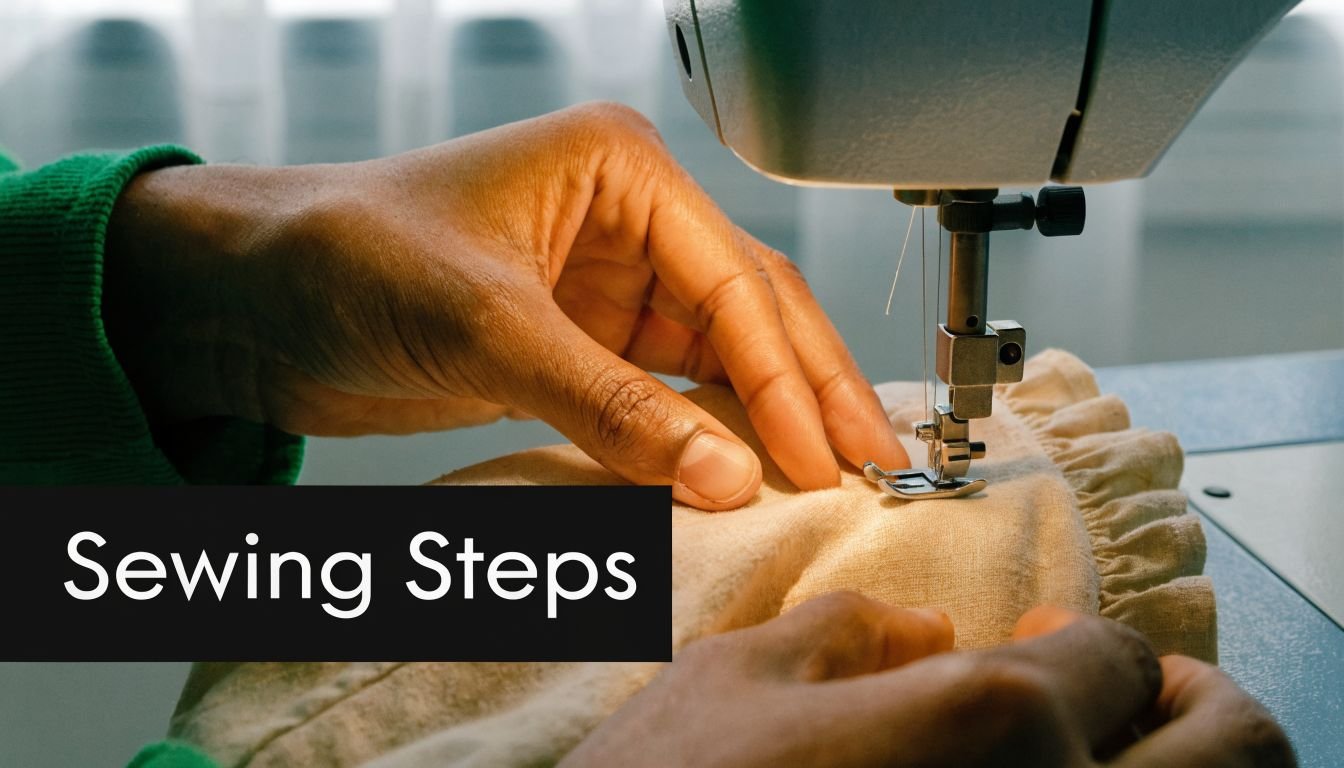 A close-up view of hands using a sewing machine to hem a piece of light-colored fabric.