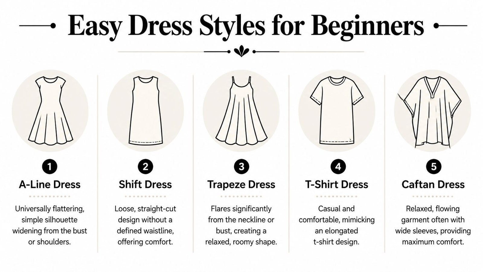 An infographic showing five easy dress styles for beginners: A-Line, Shift, Trapeze, T-Shirt, and Caftan dresses.