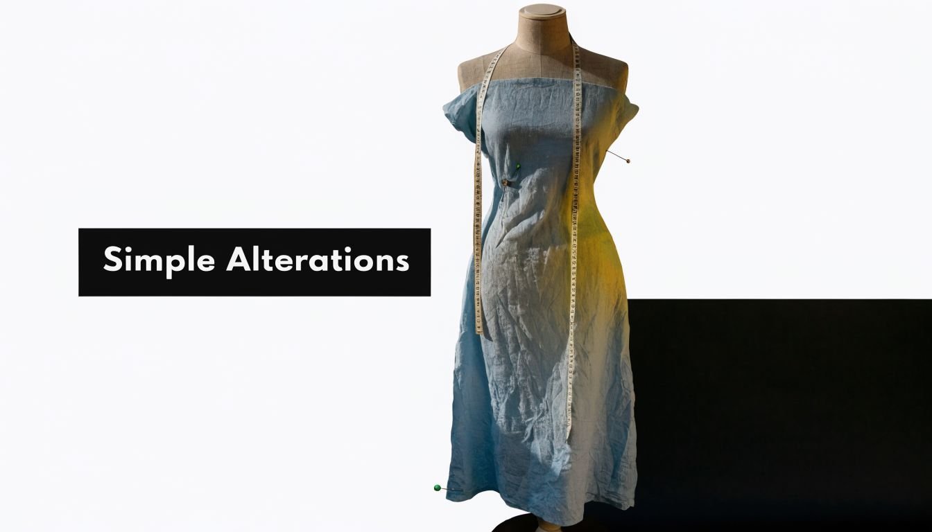 A light blue linen dress on a sewing mannequin with a measuring tape draped around the neck.