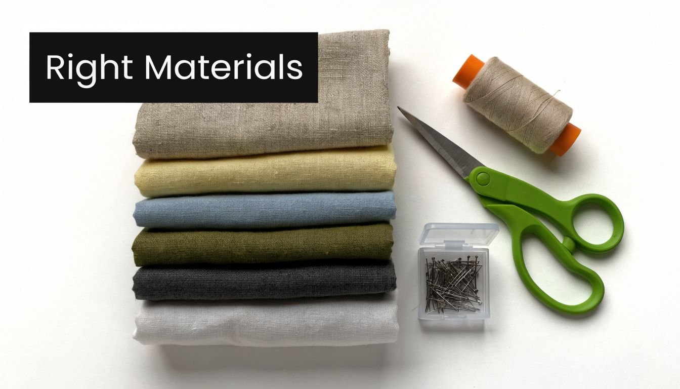 A top-down view of sewing essentials including folded fabric, scissors, thread, and a container of pins.