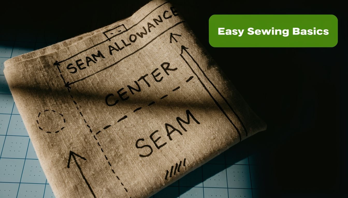 A piece of fabric with hand-drawn sewing instructions labeled seam allowance, center, and seam for sewing projects.