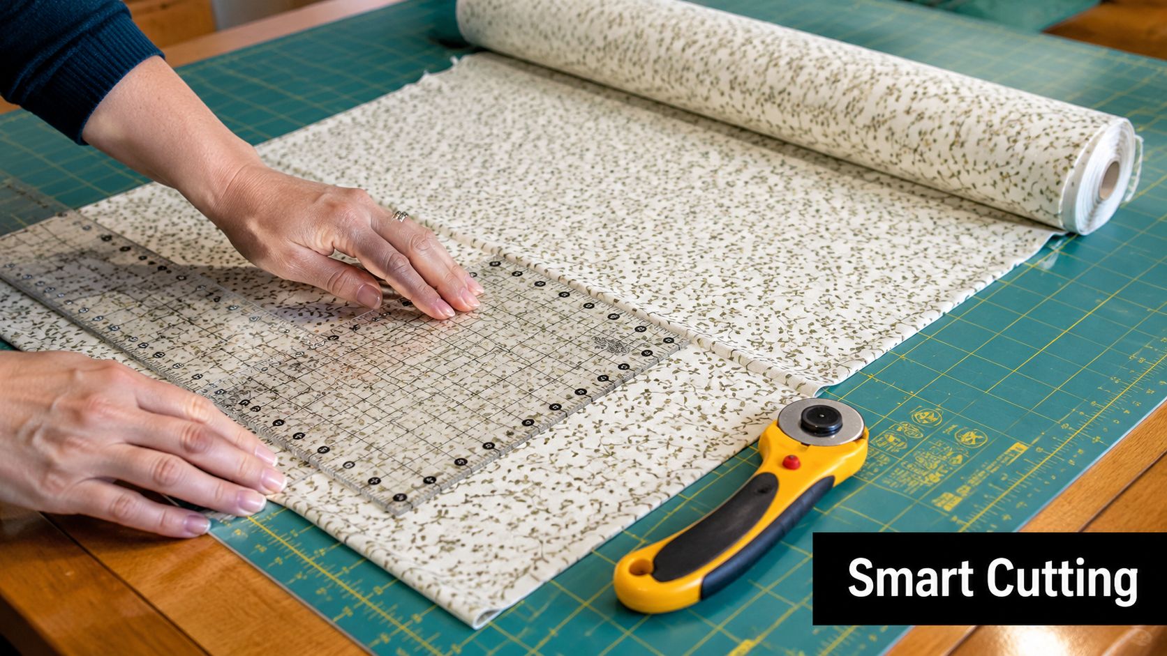 A person using a clear plastic ruler to measure and cut patterned fabric on a mat.