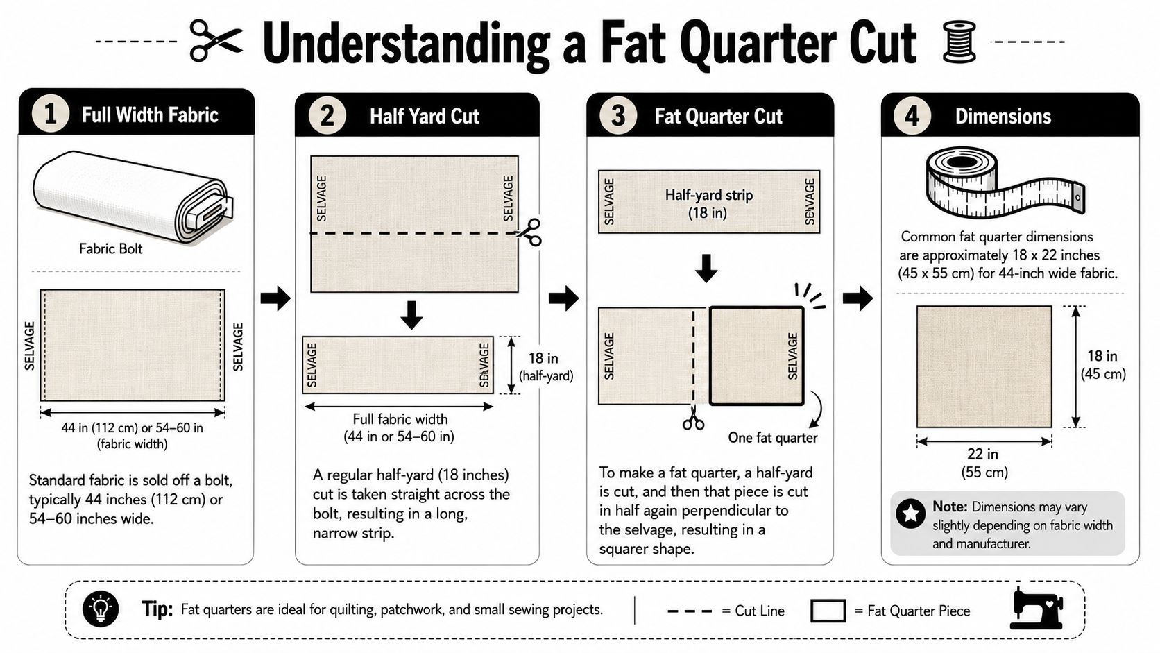 An infographic illustration demonstrating how to cut fabric into a fat quarter measurement for sewing projects.