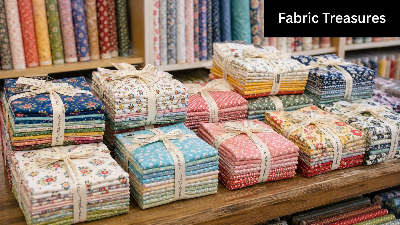 Multiple stacks of colorful, folded patterned fabric fat quarters tied with printed ribbons on a store shelf.