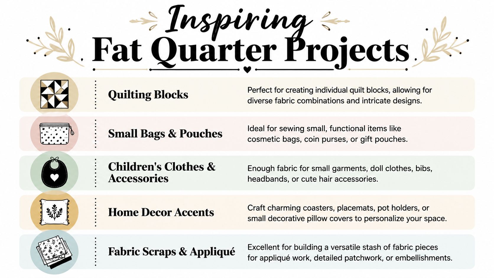 A list titled Inspiring Fat Quarter Projects showing sewing ideas like quilting blocks, small bags, and accessories.