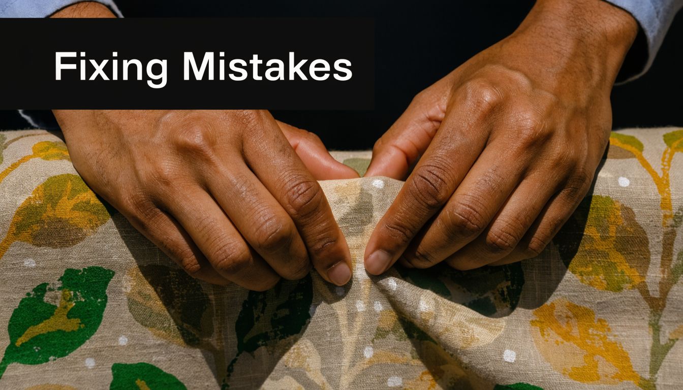 A close-up view of a person's hands holding and smoothing out printed floral fabric during sewing.