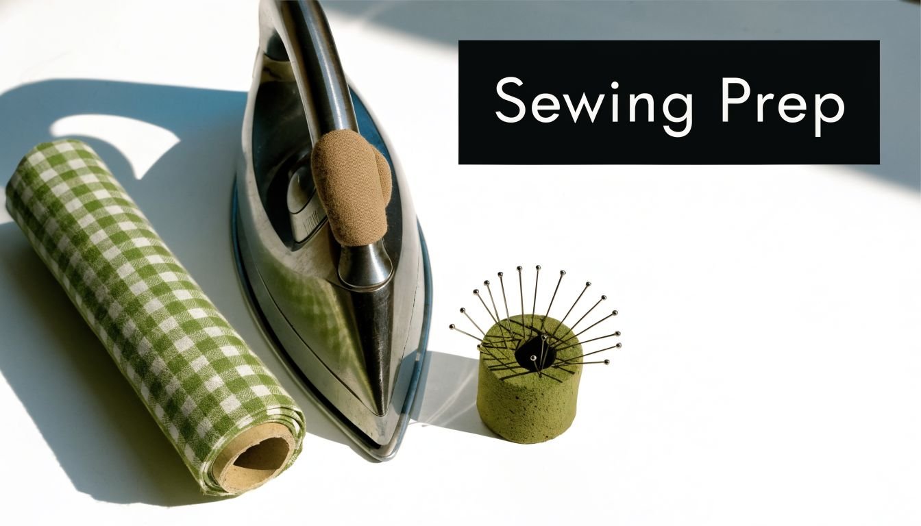 A vintage metal iron, a roll of green gingham fabric, and a pin cushion on white.