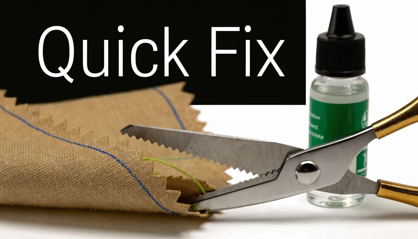 A pair of pinking shears cutting a piece of tan fabric near a bottle of sewing oil.