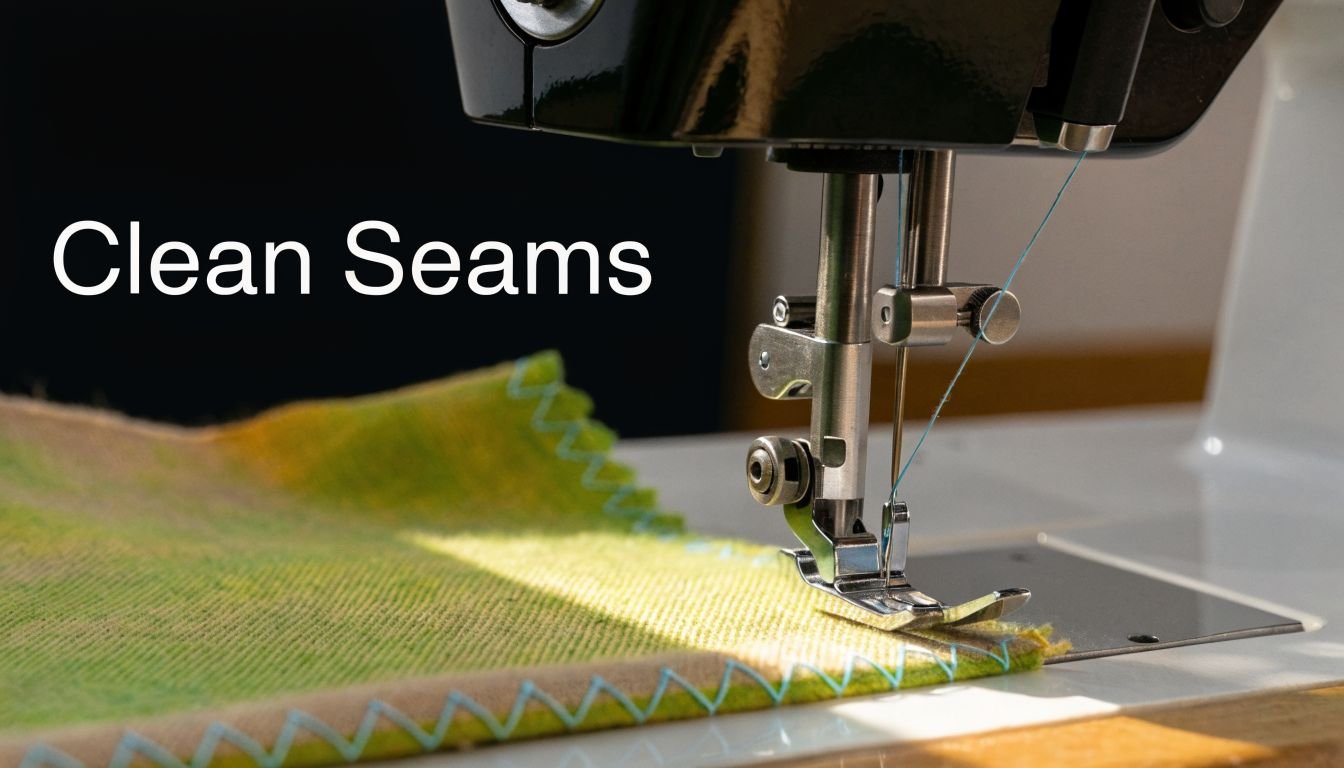 A close-up view of a sewing machine needle stitching along the edge of a green fabric piece.
