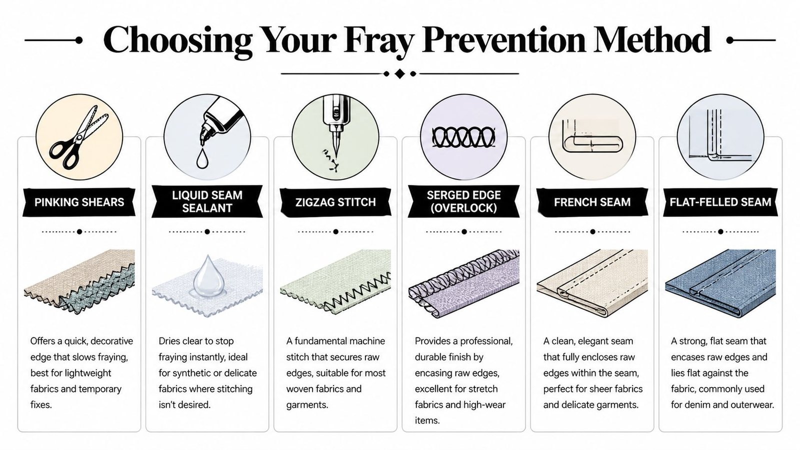 An infographic showing six different methods for preventing fabric from fraying, including sewing and sealing techniques.