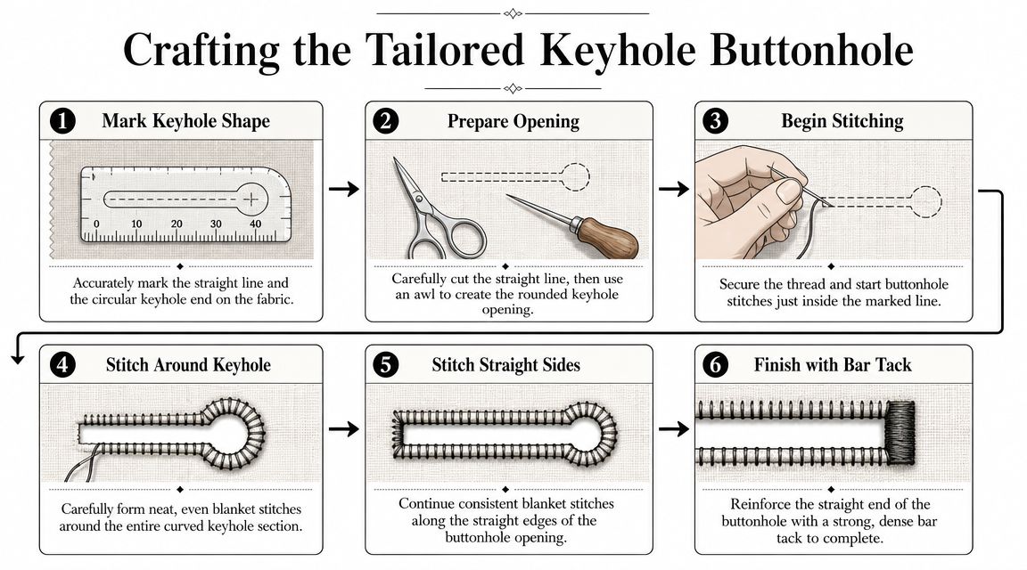 An illustrated guide detailing the step-by-step process of crafting a tailored keyhole buttonhole by hand.