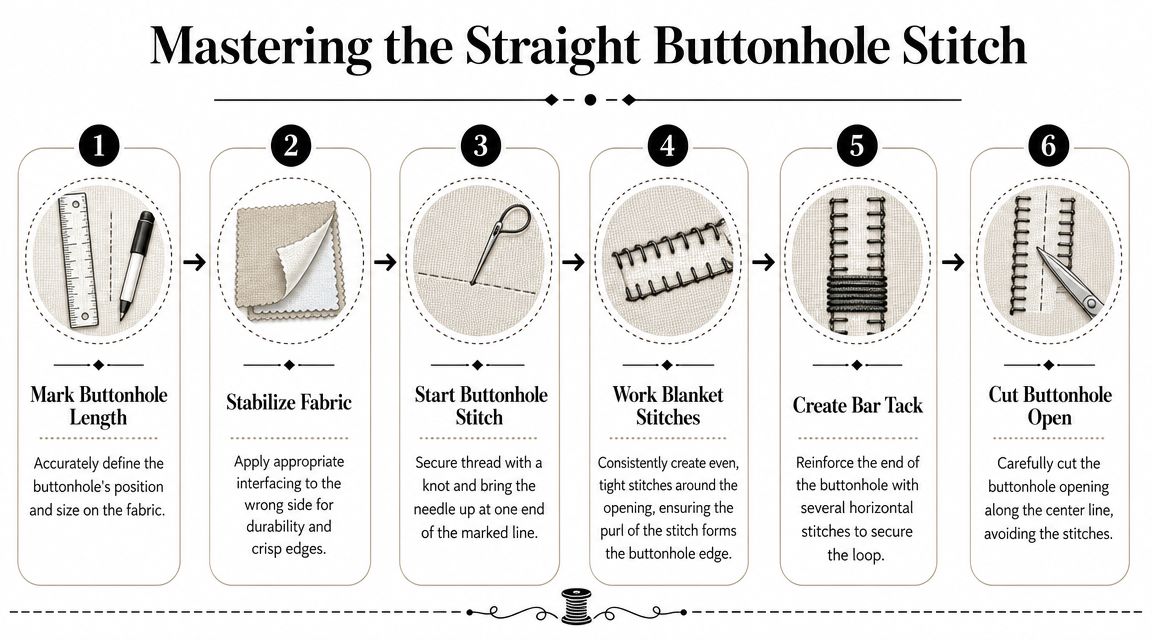 A six-step instructional infographic showing the process of sewing a straight buttonhole by hand on fabric.