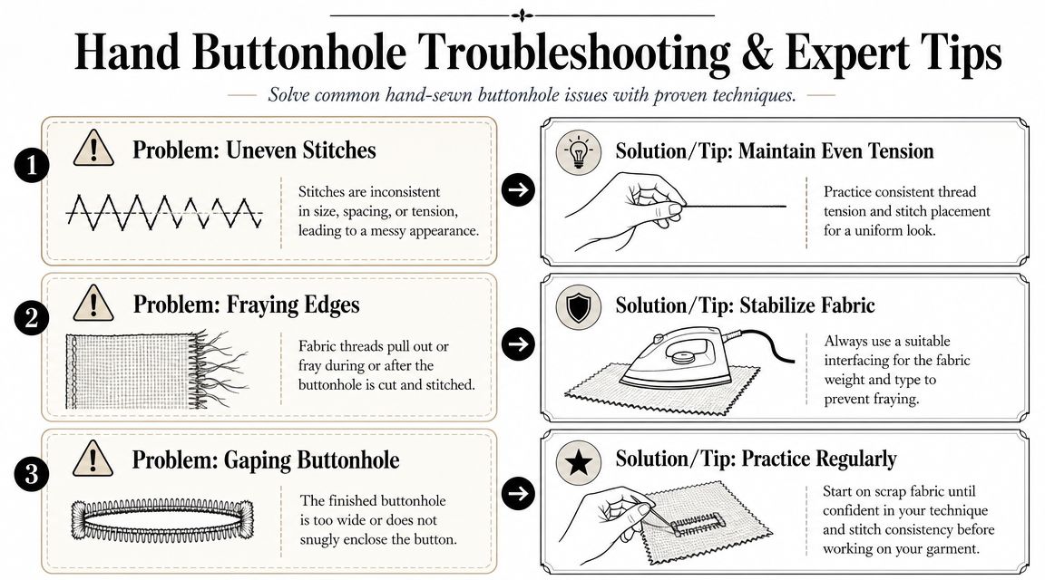 A three-step infographic titled Hand Buttonhole Troubleshooting & Expert Tips explaining how to solve common sewing issues.