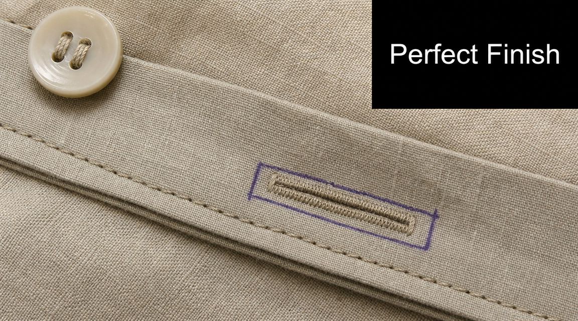Close-up of a buttonhole sewn into beige fabric with a button positioned next to it.