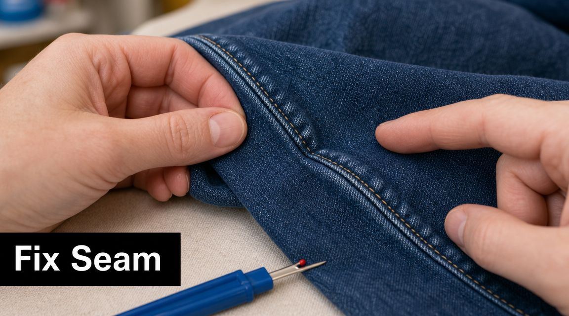 A pair of hands using a seam ripper to carefully remove stitches from blue denim jeans fabric.