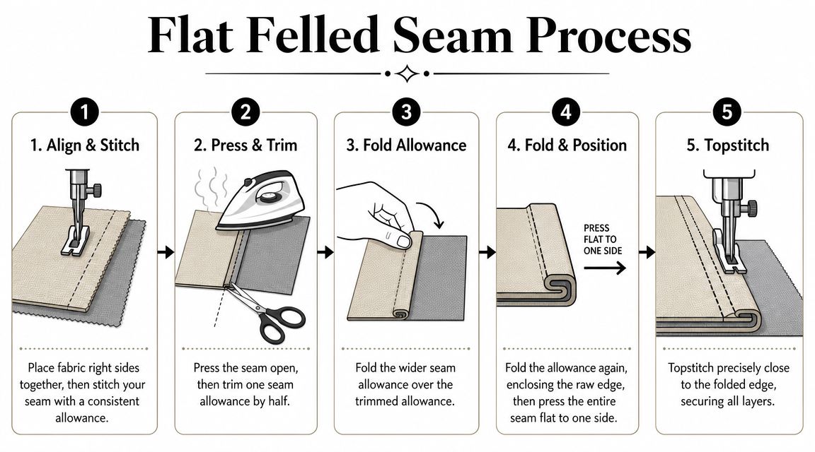 A five-step instructional diagram illustrating the process of creating a professional flat felled seam in sewing.
