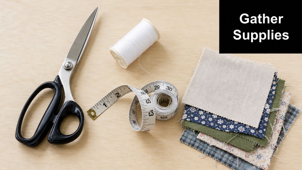 A flat lay of sewing supplies including scissors, white thread, a tape measure, and fabric swatches.