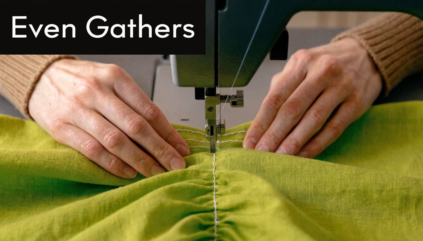 A close-up view of hands using a sewing machine to create even gathers on light green fabric.