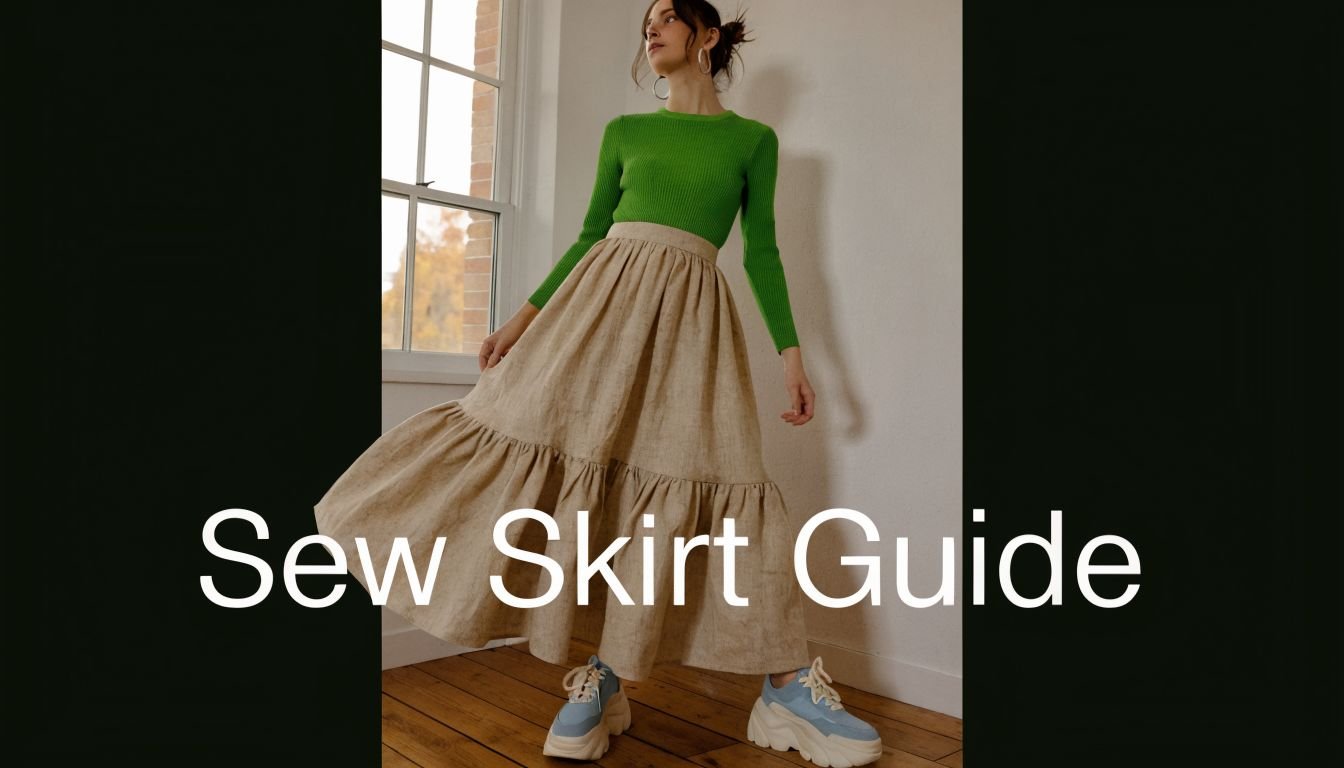 A woman wearing a green ribbed top and a long beige tiered skirt with chunky sneakers.