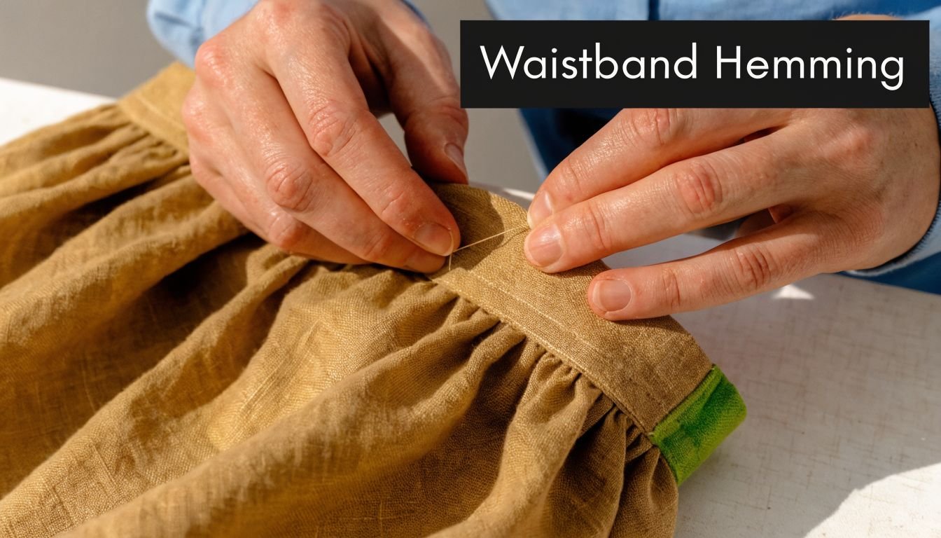 Close up of hands using a needle and thread to hand stitch a gathered skirt waistband