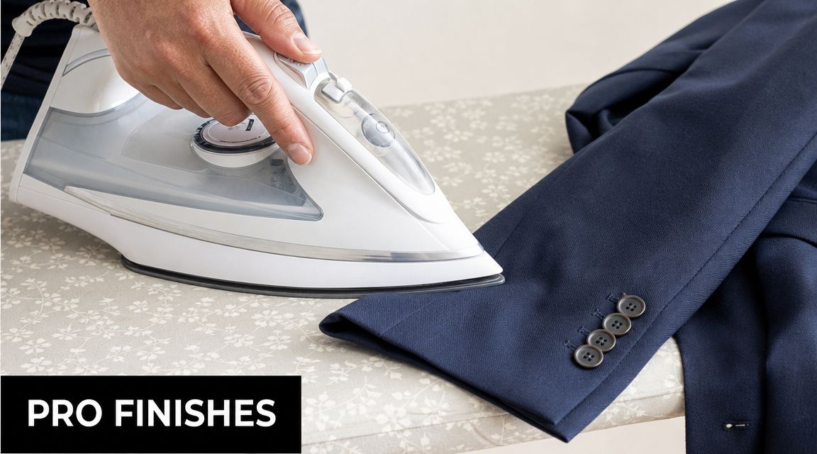 A hand holding a white iron while pressing the sleeve of a navy blue blazer on an ironing board.