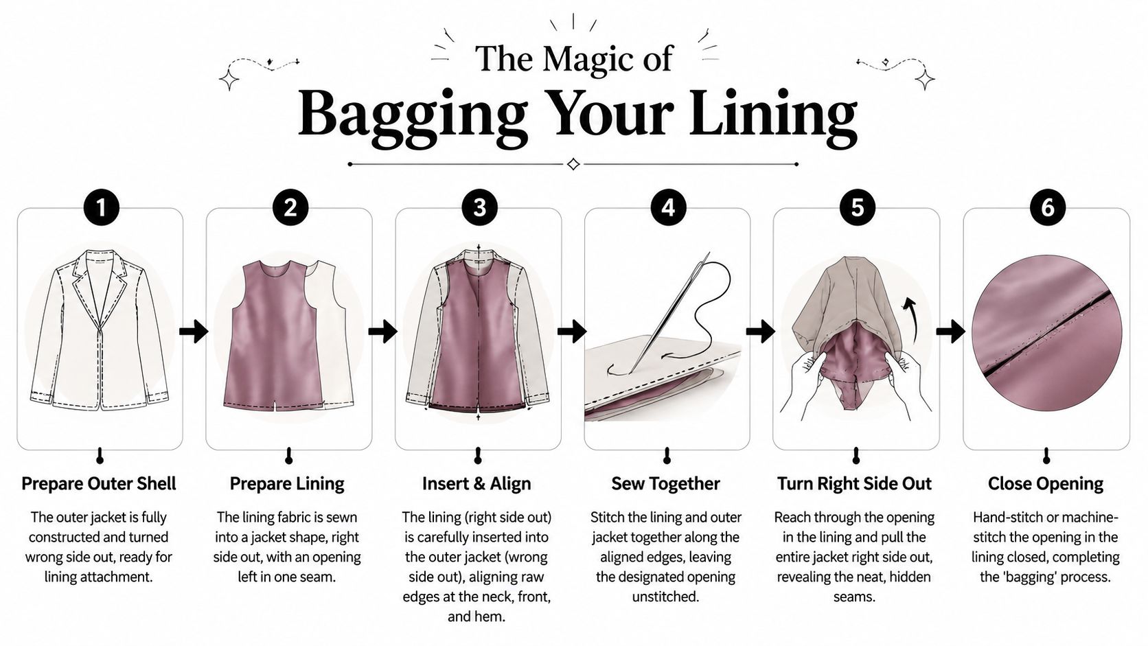 A six-step infographic illustrating the professional technique of sewing a lining into a jacket, titled Bagging Your Lining.