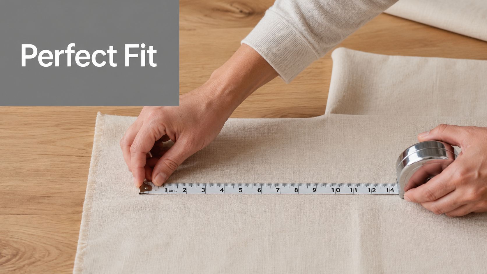A person using a tape measure to measure fabric on a wooden table for sewing projects.