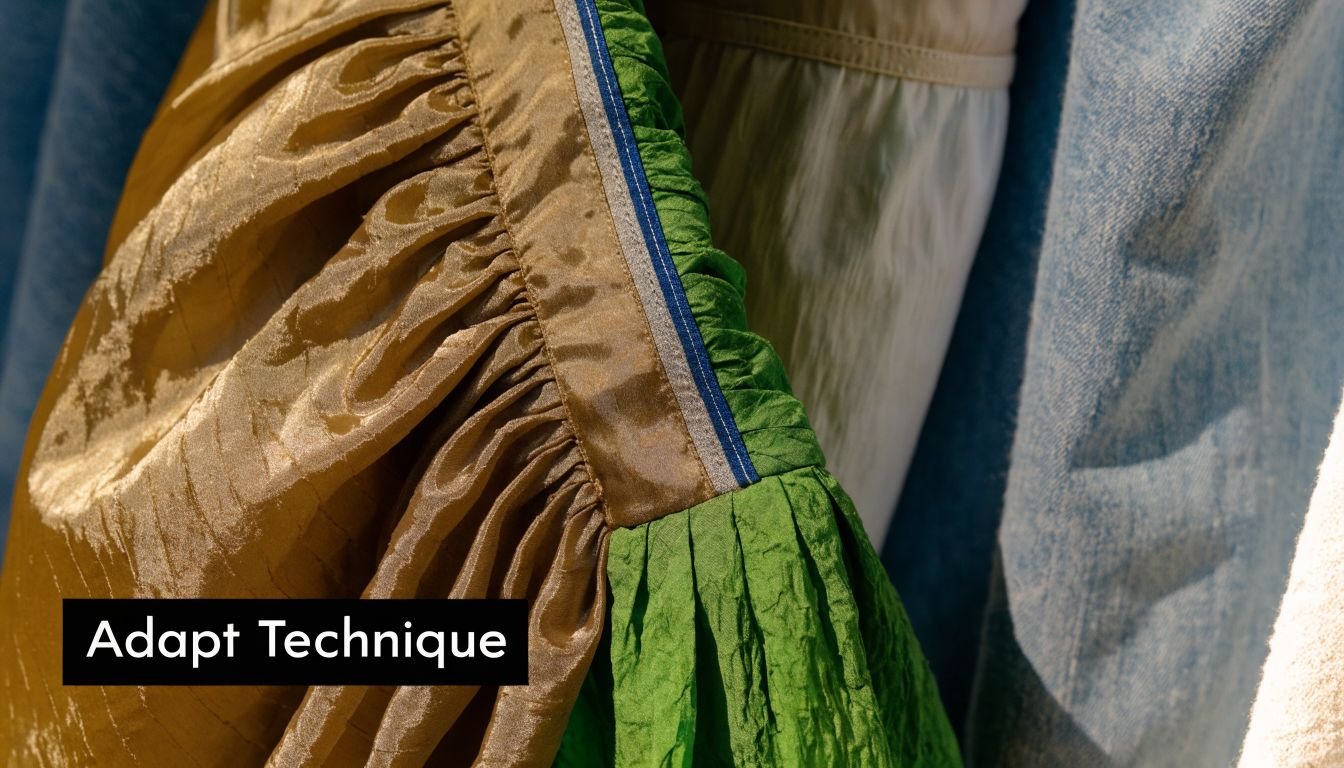 Close-up of golden and green fabric pleats with a decorative blue stripe on a sewing project.