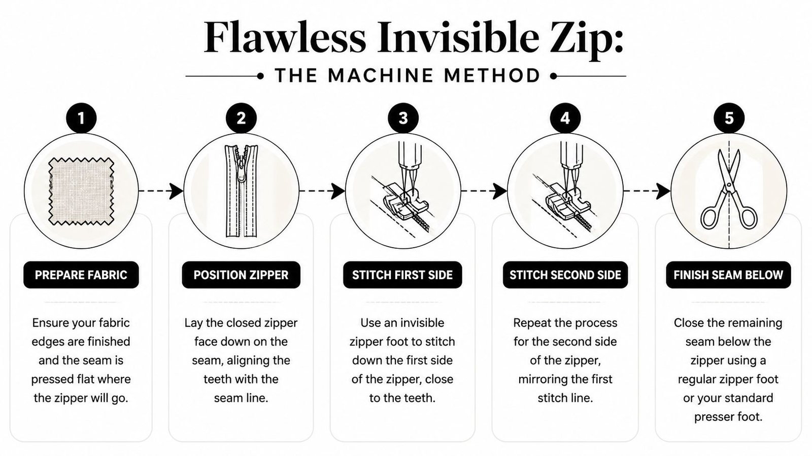 A five-step instructional diagram illustrating how to sew an invisible zipper using a sewing machine.