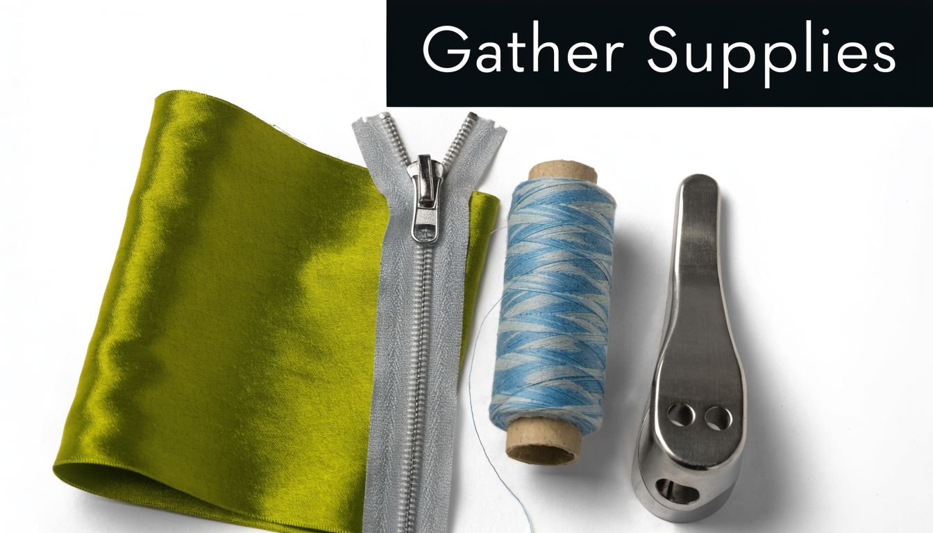 Sewing supplies including a green fabric swatch, a grey zipper, blue thread, and a metal sewing foot.