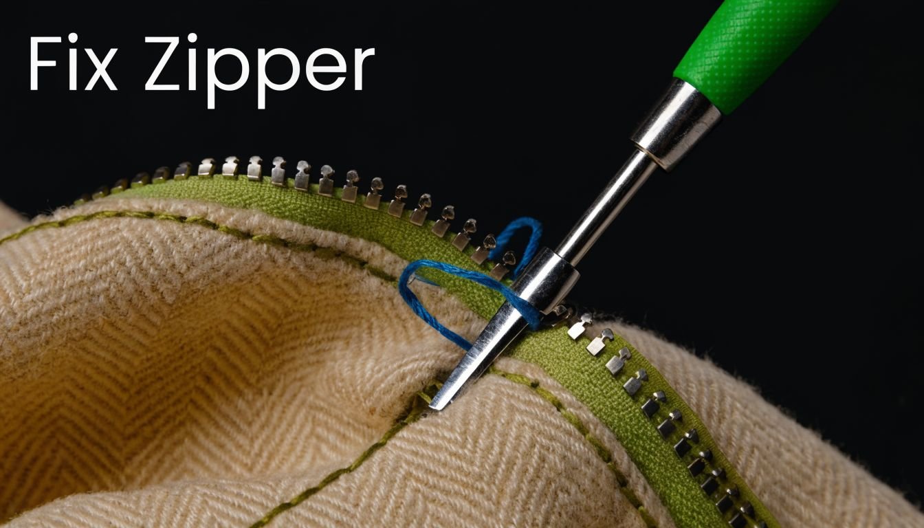 A close-up shot of a tool being used to repair a zipper on a fabric garment.