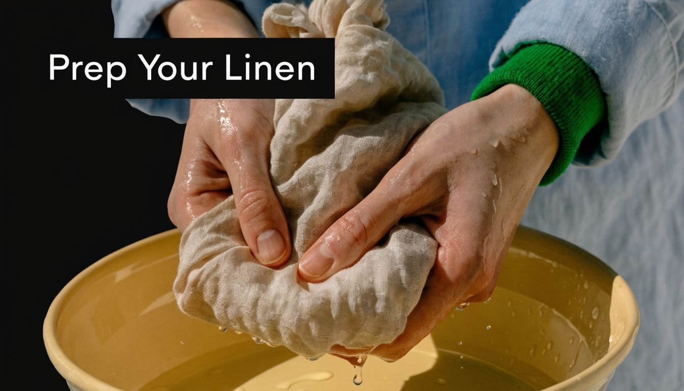 A person washing a piece of beige linen fabric by hand in a yellow bowl of water.