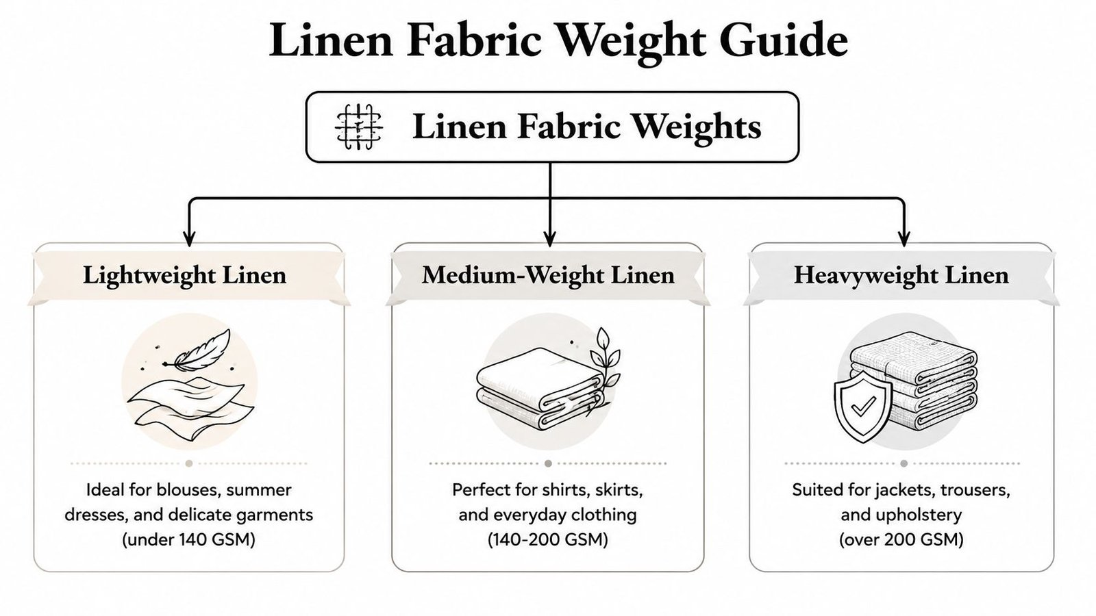 A visual guide classifying linen fabric into lightweight, medium-weight, and heavyweight categories based on GSM measurements.