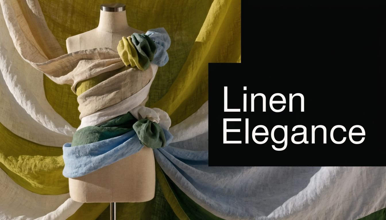 A beige mannequin draped with layers of natural linen fabric in shades of beige, green, and blue.