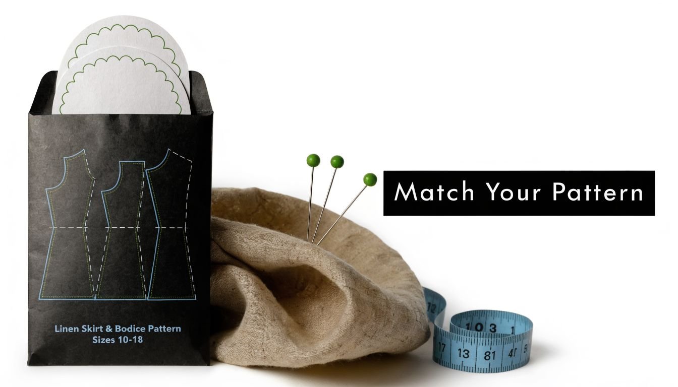 A black sewing pattern envelope with linen fabric, sewing pins, and a blue measuring tape.