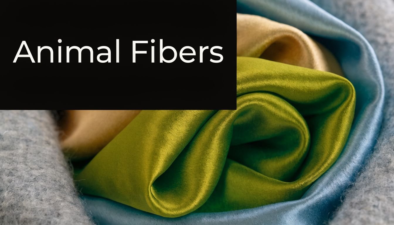 Close up of smooth, colorful silk fabrics and textured grey wool fabric representing various animal fibers.