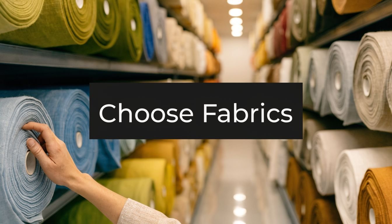 A person selecting a roll of blue fabric from shelves stocked with various colorful textile rolls.